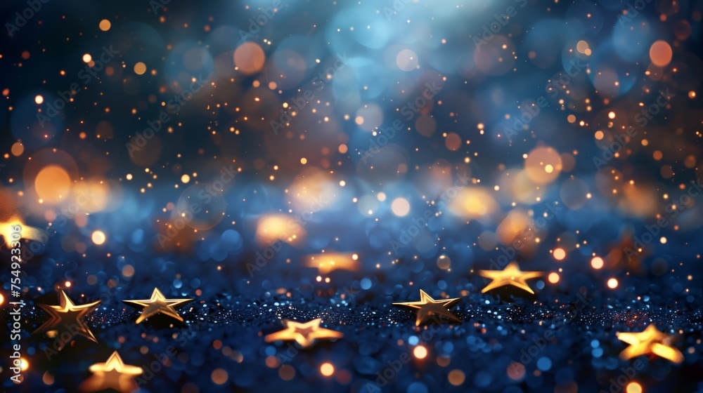 A dark blue background with stars and bokeh lights, creating an enchanting atmosphere for the Christmas season. Generated by artificial intelligence.