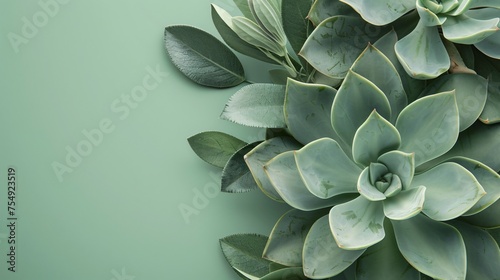 Close up of succulent leaves patterns of nature on a soft sage green background with copyspace photo