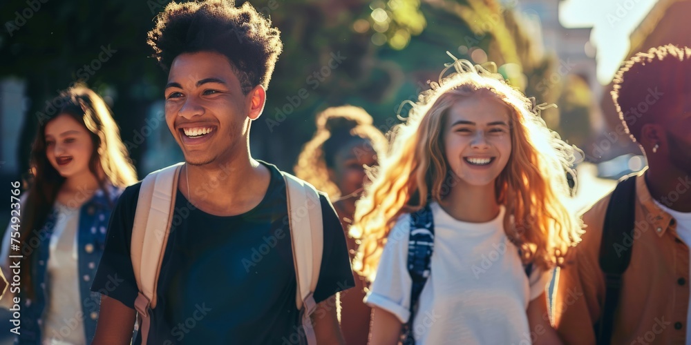 Portrait Of Smiling Young Friends Walking Outdoors Together