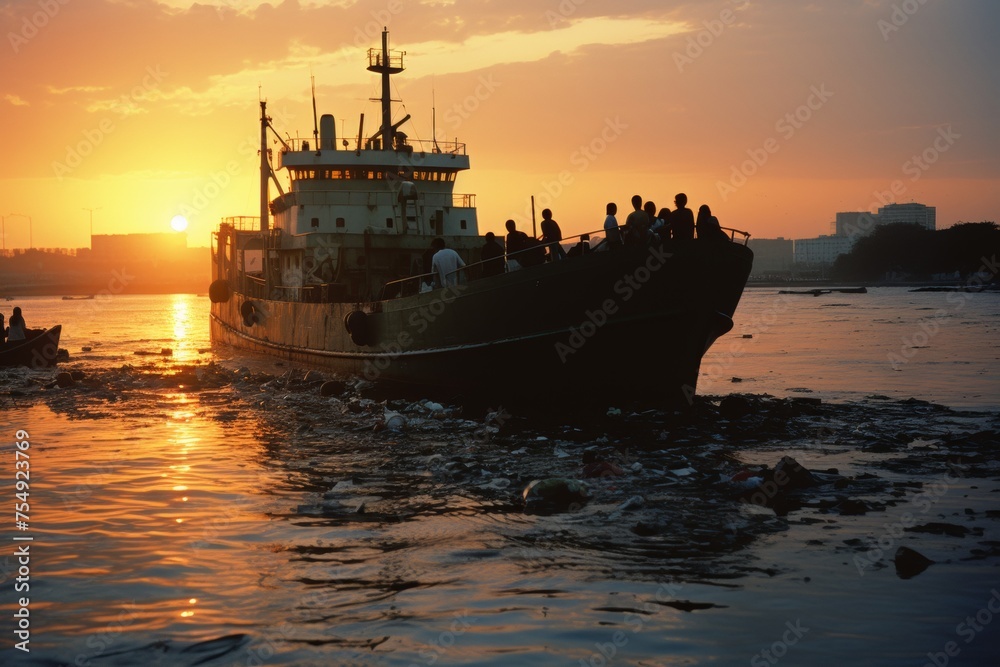 Ship equipped with net cleaning up plastic debris to combat global pollution issue in the ocean Ship equipped with net cleaning up plastic debris to combat global pollution issue in the ocean