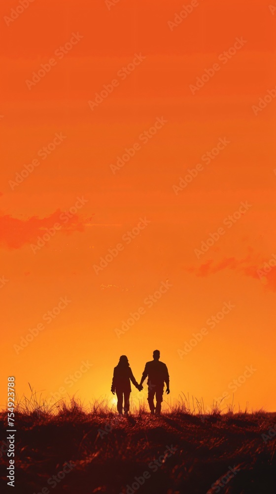 Couple holding hands at sunset silhouettes against a vivid orange sky in a minimalist illustration style