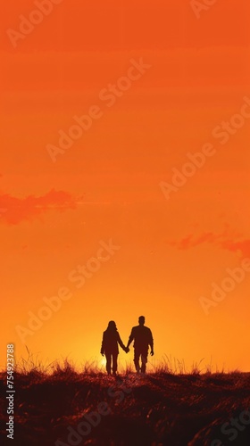 Couple holding hands at sunset silhouettes against a vivid orange sky in a minimalist illustration style