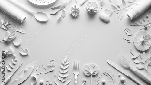 Cutlery and food, paper cut style on a white background and arranged in a circle.
