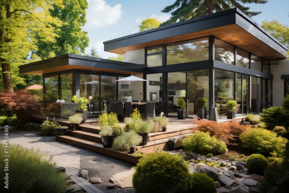 Modern passive house with solar panels, driveway, and landscaped yard in suburban area