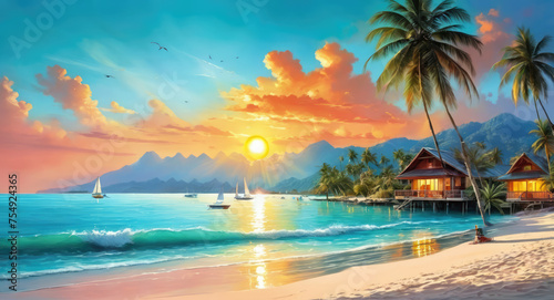 Sea sunset over ocean palms: Landscape with a colorful bright sunset. Illustration.