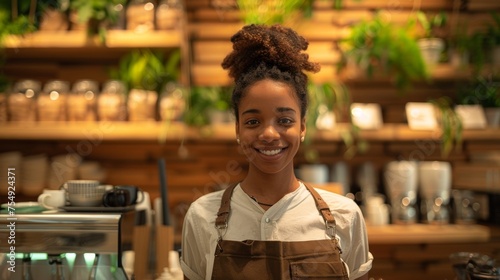 Young smiling girl with bread in the bakery.