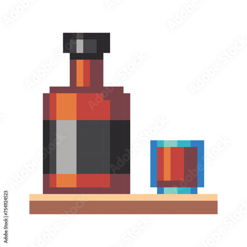 Pixel icons of a whiskey bottle with alcohol and a shot glass on a shelf, isolated vector illustration. Design for sticker, logo store, mobile app. 8-bit sprites have appeared.