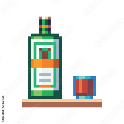 Pixel icons of a whiskey bottle with alcohol and a shot glass on a shelf, isolated vector illustration. Design for sticker, logo store, mobile app. 8-bit sprites have appeared.