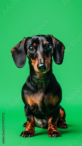 Dachshund in a playful stance set against a vibrant green background creating lively copy space