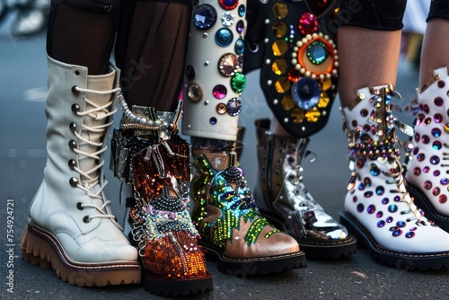 Eclectic Footwear at Fashion Week, Diverse boot styles bedecked with vibrant jewels and embellishments, captured at Berlin Fashion Week, showcasing unique fashion statements photo