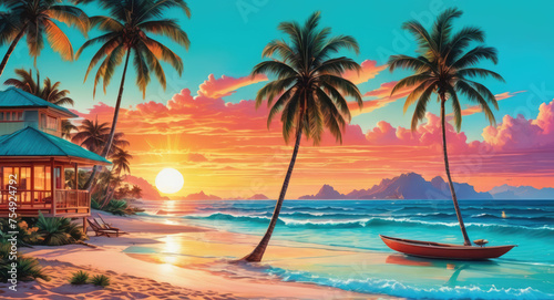 Sea sunset over ocean palms  Landscape with a colorful bright sunset. Illustration.