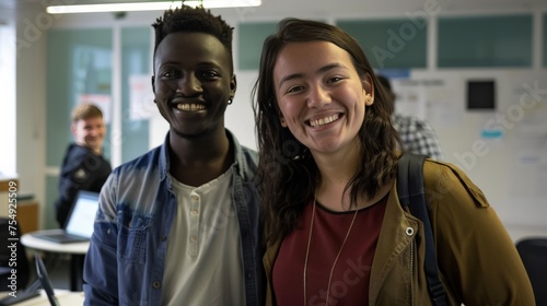 Two happy entrepreneurs smiling at the camera cheerfully. Young businesspeople standing in a boardroom with their colleagues in the background. Diverse entrepreneurs working together as a team. © Sasint