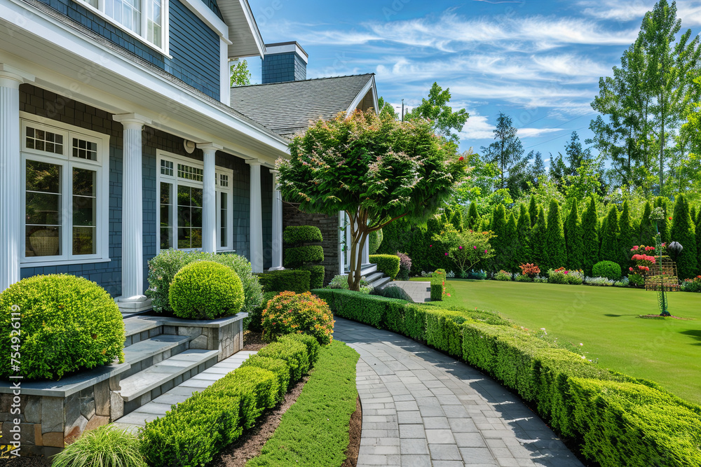 Big clapboard siding house. View of entrance porch with walkway, green lawn and trimmed hedges