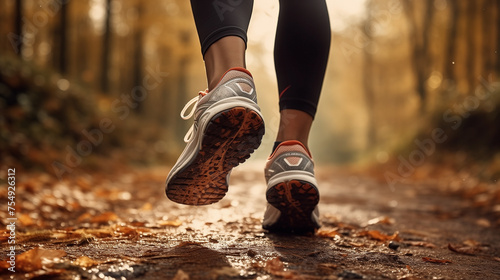 Sports background. Runner feet running on road closeup on shoe. Close up of women's legs running on asphalt road