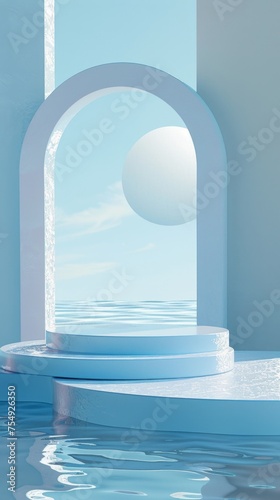 A tranquil scene featuring a pastel floral arrangement on a podium with its calm reflection on the water surface, suitable for product display setup