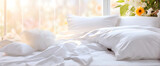White bedding sheets and pillow, Messy bed after good sleep concept, with beautiful sunshine  and flowers
