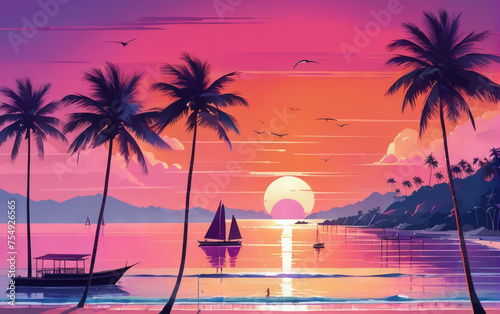 Sea Pinc Sunset over Ocean Palms  Lovers Landscape. Illustration.