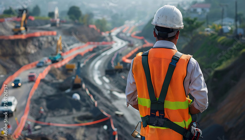 Insightful View: Inspector Overseeing Expressway Construction's Grading and Excavation Phases with Environmental and Safety Focus"