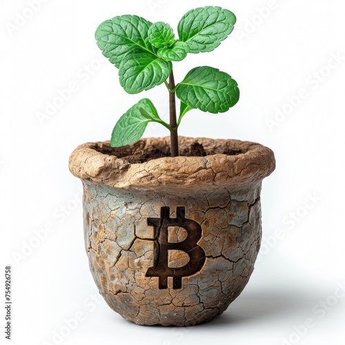 Delicate fragile sprout in a pot with the Bitcoin logo. Investments.