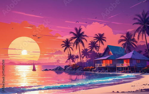 Sea Pinc Sunset over Ocean Palms: Lovers Landscape. Illustration. photo
