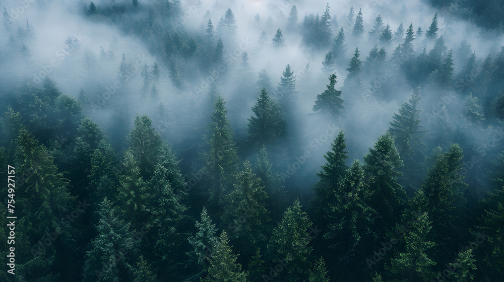 Foggy forest, autumn vibes, nature background, rain and clouds