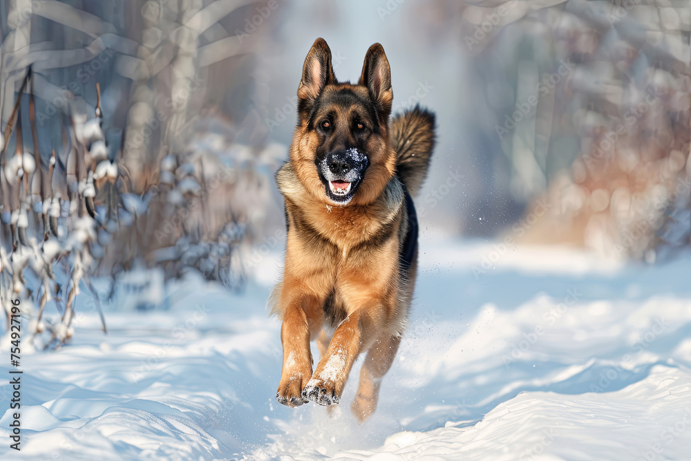 Purebred german shepherd running fust in winter Purebred german shepherd running fust in winter