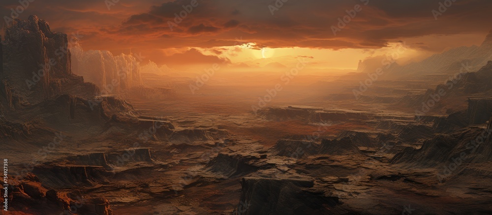Obraz premium A painting depicting a natural landscape with towering mountains and a vibrant sunset in the background, enhancing the atmosphere with colorful clouds and the reflection of the sky on the water
