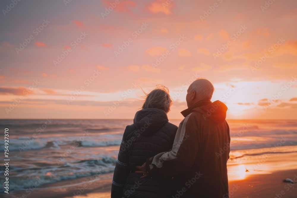 Elderly couple embracing at beach during sunset