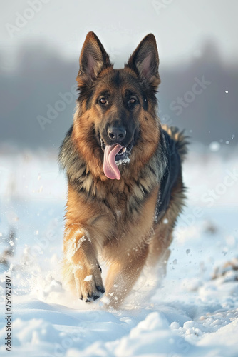 Purebred german shepherd running fust in winter photo