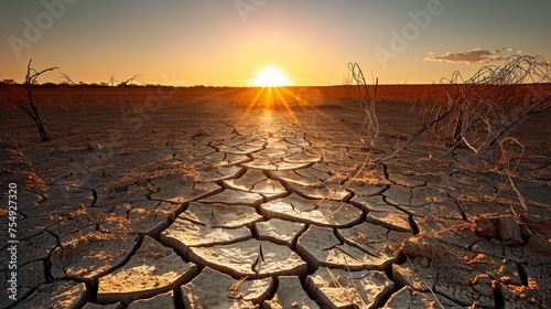 Sunset illuminating a cracked earth landscape in a desert