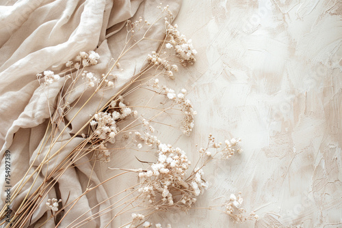 Gentle dried flowers on textured fabric, soft pastel tones.