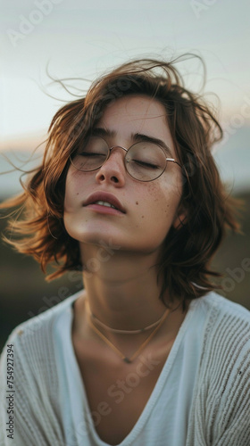 Serene young woman with eyes closed, feeling the breeze.