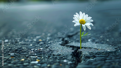 A single daisy grows from a crack in the asphalt. photo