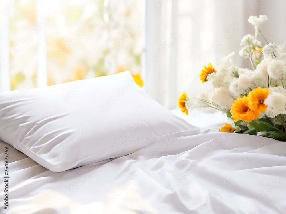 White bedding sheets and pillow, Messy bed after good sleep concept, with beautiful sunshine and flowers White bedding sheets and pillow, Messy bed after good sleep concept, with beautiful sunshine and flowers