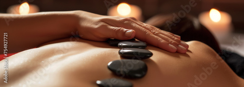 close-up of a woman's back on which a hand places hot stones for hot stone massage in a spa salon