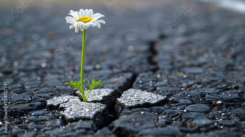 A single daisy grows from a crack in the asphalt.