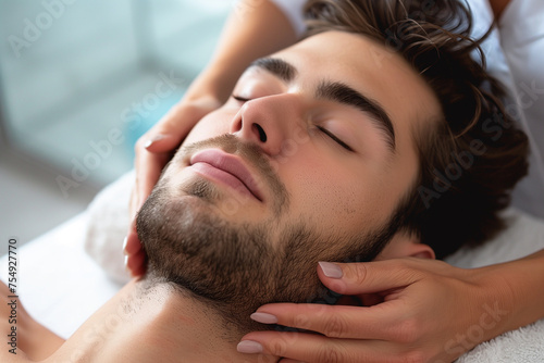 a male client receiving a facial massage from a female esthetician