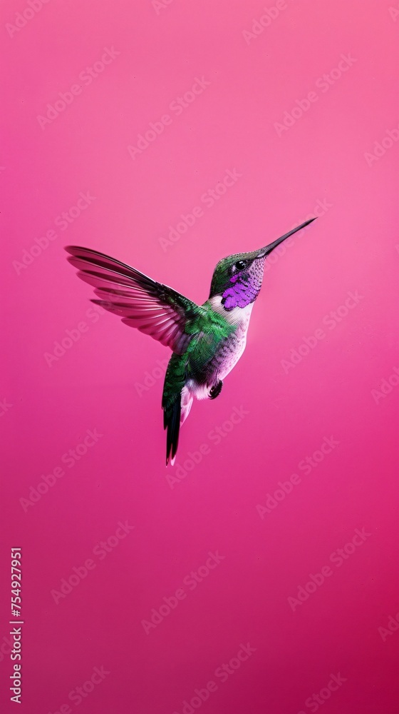 Fototapeta premium Hummingbird in mid hover on a vivid magenta background a blur of motion offering vibrant copyspace