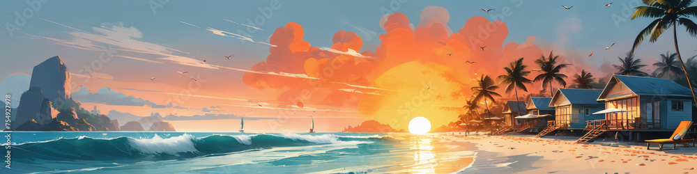 Sea Sunset over Ocean Palms: Lovers Landscape. Illustration.