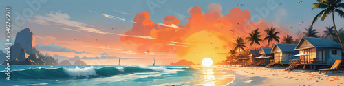 Sea Sunset over Ocean Palms  Lovers Landscape. Illustration.