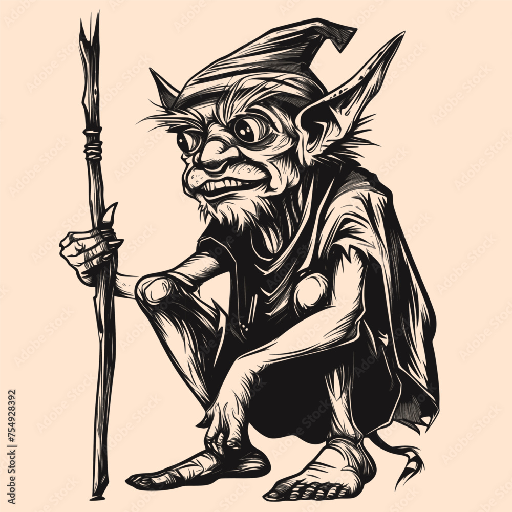 Vecteur Stock Black and White Goblin Character Outline Silhouette ...