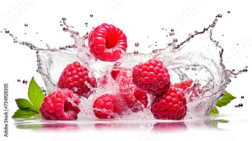 Loganberry sliced pieces flying in the air with water splash isolated on transparent png. 