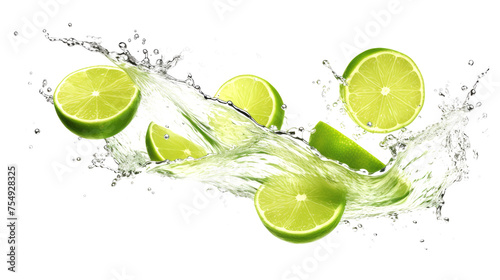 Lime sliced pieces flying in the air with water splash isolated on transparent png. 