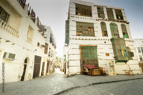 Traditional house decoration. The unique architecture of the medieval Arab city. Jeddah, Saudi Arabia photo