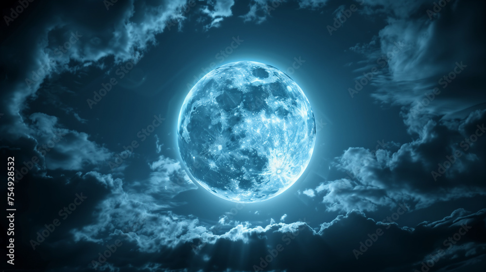 a bright full blue moon surrounded by dark, wispy clouds