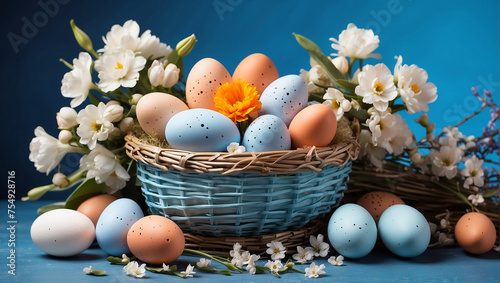 A wicker basket filled with colorful Easter eggs and surrounded by white and yellow flowers.