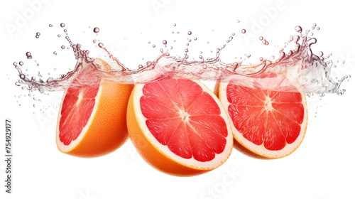 Grapefruit sliced pieces flying in the air with water splash isolated on transparent png.