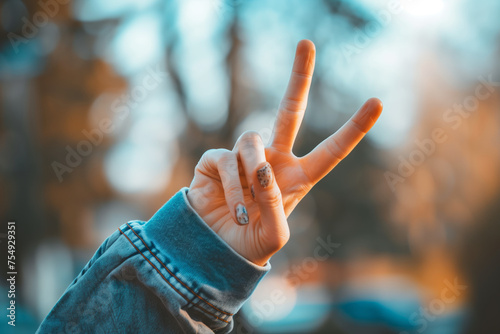 Close-up of a hand making a peace sign with two fingers raised at outdoor