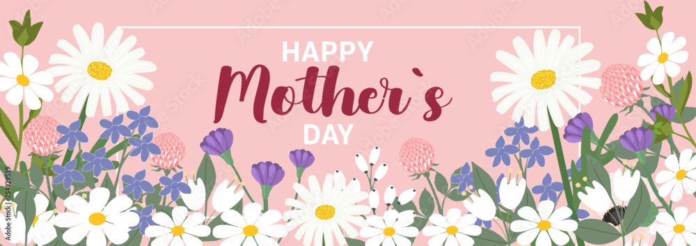 Mother's Day card. Trendy banner, poster, flyer, label or cover with flowers frame, abstract floral pattern. Spring summer bright abstract floral design template for ads promo