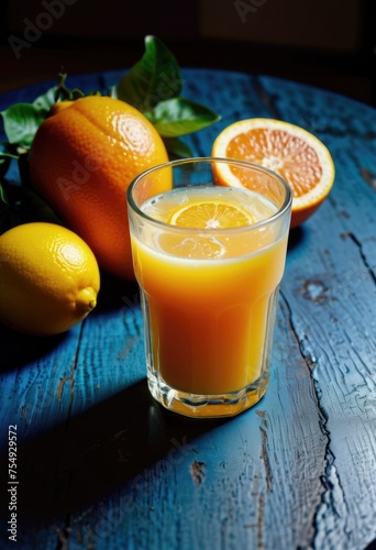 a glass of refreshing orange juice surrounded by fresh citrus fruits